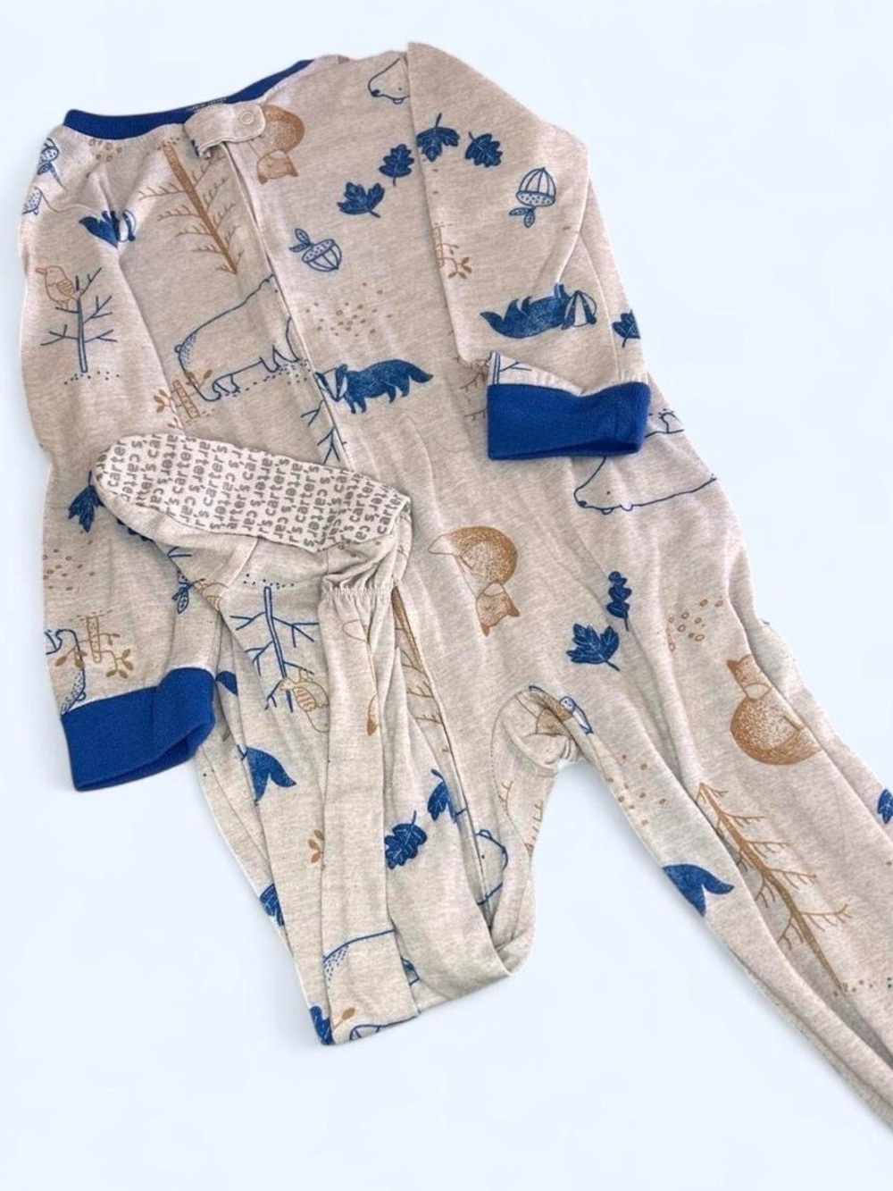 Carter's Beige Woodland Print Pajamas with Blue Trim